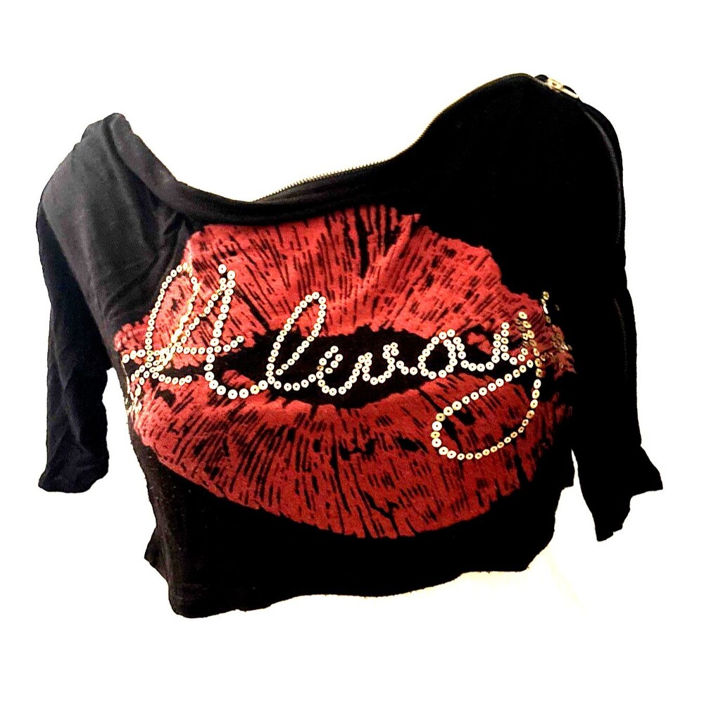 Love Story Sexy Cropped Top Off Shoulder Lipstick Sequins Zippered Petite Medium